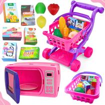 Kit Brinquedos Meninas Mini Microondas + Carrinho de Supermercado Feirinha Mercadinho Comidinhas Legumes Cozinha Panelinhas Infantil Kids Presente Aniversário Natal Crianças