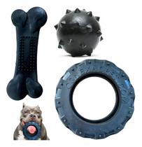 Kit Brinquedos Pet para Cães Cachorros Grande Porte Pneu + Bola 95mm + Osso Big