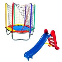 Kit Brinquedos Playground Cama Elástica Pequena Pula Pula Trampolim 1,40m Escorregador Infantil Médio 3 Degraus