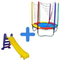Kit Brinquedos Playground Cama Elástica Pequena Pula Pula Trampolim 1,40m + Escorregador Infantil Médio 3 Degraus