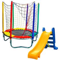 Kit Brinquedos Playground Cama Elástica Pequena Pula Pula Trampolim 1,40m Escorregador Infantil Médio 3 Degraus Kit Brinquedos Playground Cama Elástica Pequena Pula Pula Trampolim 1,40m Escorregador Infantil Médio 3 Degraus