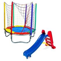 Kit Brinquedos Playground Cama Elástica Pequena Pula Pula Trampolim 1,40m Escorregador Infantil Médio 3 Degraus