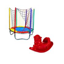 Kit Brinquedos Playground Cama Elástica Pequena Pula Pula Trampolim 1,40m + Gangorra 1 Lugar