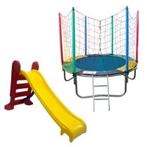 Kit Brinquedos Playground Cama Elástica Pequena Pula Pula Trampolim 1,83m Escorregador Infantil Médio 3 Degraus
