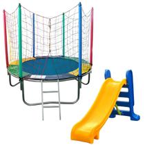 Kit Brinquedos Playground Cama Elástica Pequena Pula Pula Trampolim 1,83m Escorregador Infantil Médio 3 Degraus Kit Brinquedos Playground Cama Elástica Pequena Pula Pula Trampolim 1,83m Escorregador Infantil Médio 3 Degraus
