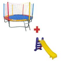 Kit Brinquedos Playground Cama Elástica Pequena Pula Pula Trampolim 2,30m + Escorregador Infantil Médio 3 Degraus