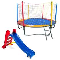 Kit Brinquedos Playground Cama Elástica Pequena Pula Pula Trampolim 2,30m Escorregador Infantil Médio 3 Degraus