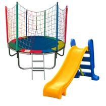 Kit Brinquedos Playground Cama Elástica Pula Pula Trampolim 1,83m Com Escorregador Médio 3 Degraus
