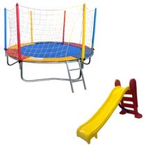 Kit Brinquedos Playground Cama Elástica Pula Pula Trampolim 2,30m Escorregador Infantil Médio 3 Degraus