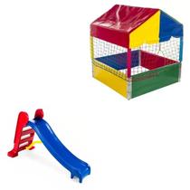 Kit Brinquedos Playground Piscina de Bolinhas Quadrada 1,00m + Escorregador Infantil Médio 3 Degraus - ROTOPLAY BRINQUEDOS