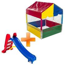 Kit Brinquedos Playground Piscina de Bolinhas Quadrada 1,00m + Escorregador Infantil Médio 3 Degraus
