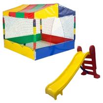 Kit Brinquedos Playground Piscina de Bolinhas Quadrada 1,50m + Escorregador Infantil Médio 3 Degraus