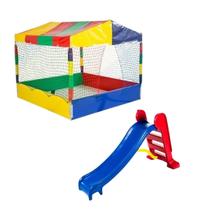 Kit Brinquedos Playground Piscina de Bolinhas Quadrada 1,50m + Escorregador Infantil Médio 3 Degraus