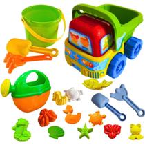 Kit Brinquedos Praia Completo Caminhão Basculante + Baldinho Areia + Regador Infantil Água + Forminhas Coloridas Diversão Crianças Piscina Presente
