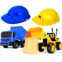 Kit Brinquedos Trator com Manetes e Caminhão Articulado 2 Capacetes Construtor