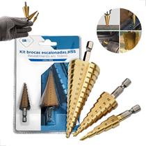 Kit Broca Escalonada de Aço HSS com Titânio Jogo 3 Peças Conico Furo em Madeira Pvc Metais Leves de 4mm a 32m Luatek