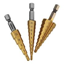 Kit broca escalonada titânio para metal 3 peças furação aço alumínio madeira hss Kit broca escalonada titânio para metal 3 peças furação aço alumínio madeira hss