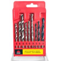Kit Brocas 5mm 6mm e 8mm com 9 Peças Madeira Metal Concreto