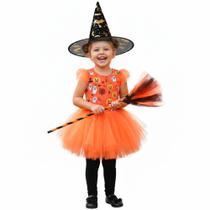 Kit Bruxa Halloween com Chapéu Preto e Vassoura Decorada pra Fantasia Infantil Menina Kit Bruxa Halloween com Chapéu Preto e Vassoura Decorada pra Fantasia Infantil Menina
