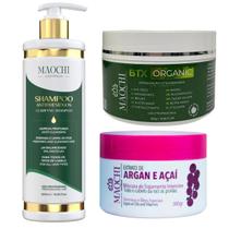 Kit Btx Redutor de Volume Alisamento Organico 10em1 Profissional Shampoo Antirresiduo Limpeza Pré Máscara de Tratamento Intensivo Argan e Açaí Maochi