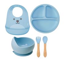 Kit Buba Prato Bowl Babador Talheres Silicone Bambu Bebê
