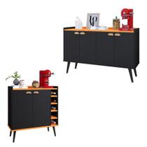 Kit Buffet Kiev Balcão 4 Portas Multiuso Retrô Cozinha e Aparador Madero Adega Cantinho Café Barzinho Sala - Preto/Cinamomo - Lojas RPM
