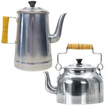 Kit Bule 1,8 litros + Chaleira 3 litros de alumínio alça cabo madeira multiuso cozinha fervedor