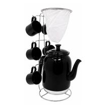 Kit Bule Café Bojudo 1650ml c/ 6 Xícaras Alumínio Preto Kit Bule Café Bojudo 1650ml c/ 6 Xícaras Alumínio Preto