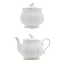 Kit Bule Chá/Café + Açucareiro Birds de Porcelana Branco, Dourado e Rosa Wolff