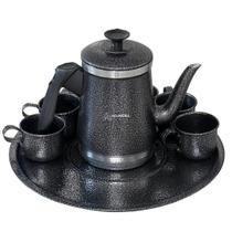 Kit Bule Conjunto Jogo com 6 Xícaras e Bandeja Café Chá Leite Retro em Alumínio Preto Craqueado