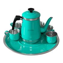 Kit Bule Conjunto Jogo com 6 Xícaras e Bandeja Café Chá Leite Retro em Alumínio Verde