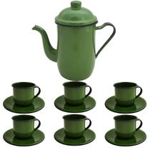 Kit Bule De Café E Chá Com 6 Xícaras e Pires Aço Esmaltado Kit Bule De Café E Chá Com 6 Xícaras e Pires Aço Esmaltado