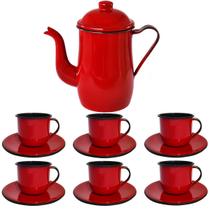 Kit Bule De Café E Chá Com 6 Xícaras e Pires Aço Esmaltado Kit Bule De Café E Chá Com 6 Xícaras e Pires Aço Esmaltado