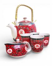 Kit Bule de Chá Alça Madeira + Mini Bule e 4 Copos Porcelana Cor:Oriental Vermelho