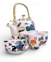 Kit Bule de Chá Alça Madeira + Mini Bule e 4 Copos Porcelana Cor:Peixes