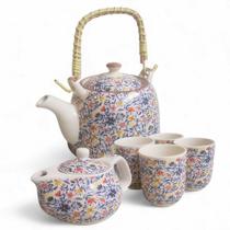 Kit Bule de Chá Alça Madeira + Mini Bule e 4 Copos Porcelana