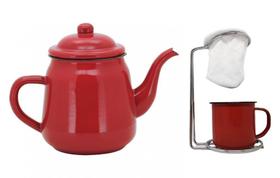 Kit Bule Esmaltado Vermelho e Mini Coador Café Aço Cromado com Caneca - Mundial Import