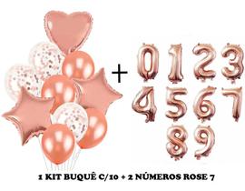 Kit Buque Baloes Rose Gold C/10 + 2 Balão Número Rose 40cm - KAZARTI EVENTOS