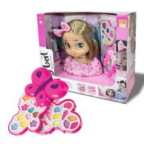 Kit Busto Boneca Loira 23cm C/ Paleta de Maquiagem Butterfly Monarch P/ Criança Infantil