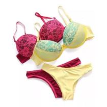 Kit c/ 02 Conjuntos de Sutiã e Calcinha, fechamento atrás em cores aleatórias