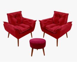 Kit C/02 Poltronas Opala + 01 Puff Redondo Danny Suede Vermelho