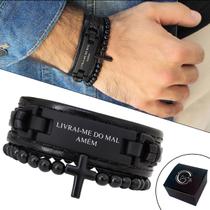 Kit C/02 Pulseiras de Couro Masculina Livrai me do Mal Magnética + Bolinha Tag Cruz
