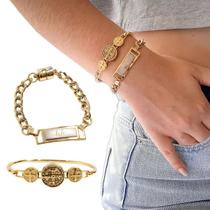 Kit C/02 Pulseiras Feminina Braceletes Life e São Bento Semijoia Banhado a Ouro