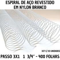 KIT C/03 - Espiral p/ Encadernação Aço Revestido em Nylon 1 3/4'' (400 folhas) Passo 3X1 - BRANCO