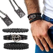 Kit C/03 Pulseiras de Couro Masculina Fé + Escapulário Grafite Proteção