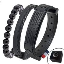 Kit C/03 Pulseiras de Couro Masculina Oração Pai Nosso All Black Proteção