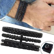 Kit C/03 Pulseiras de Couro Masculina Preta Bolinha Cruz Crucifixo Slim
