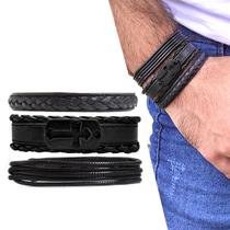 KIT C/03 Pulseiras de Couro Masculina Tag Cruz All Black Ajustável