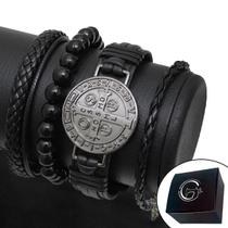 KIT C/04 Pulseiras Couro Masculina Medalha de São Bento Grafite KIT C/04 Pulseiras Couro Masculina Medalha de São Bento Grafite