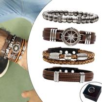 KIT C/04 Pulseiras Couro Pedra Natural Hematita Bússola Níquel Marrom KIT C/04 Pulseiras Couro Pedra Natural Hematita Bússola Níquel Marrom